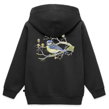Blaumeise auf Zweig Liebevolle Aquarellzeichnung - Kinder Premium Organic Zip Hoodie - Schwarz - Hinten - AI Model Kid Male (0cm)