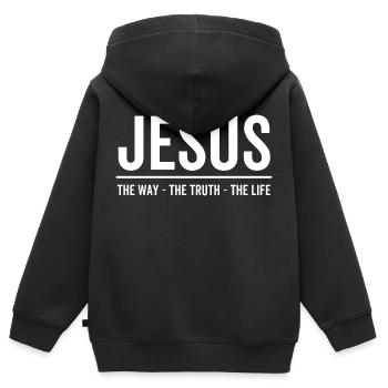 Jesus Der Weg Die Wahrheit Das Leben - Kinder Premium Organic Zip Hoodie - Schwarz - Hinten - AI Model Kid Male (0cm)