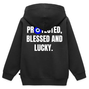 Protected and lucky - Kids Premium Organic Zip-up Hoodie - black - Back - AI Model Kid Male (0cm)