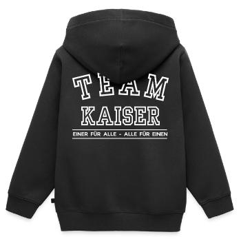 Team Kaiser Familie Nachname Einer für Alle - Kinder Premium Organic Zip Hoodie - Schwarz - Hinten - AI Model Kid Male (0cm)