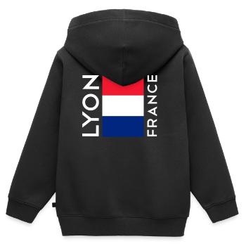 Lyon, France - Sweat Premium à capuche zippé enfant bio - noir - Dos - AI Model Kid Male (0cm)