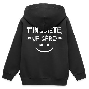 T'inquiète je gère (TKT je gère) - Sweat Premium à capuche zippé enfant bio - noir - Dos - AI Model Kid Male (0cm)