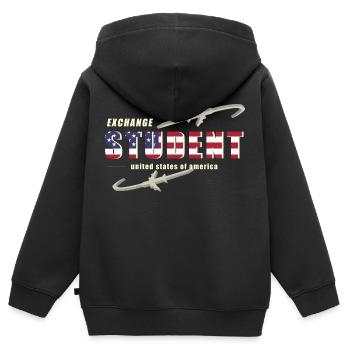 Étudiant d’échange aux États-Unis - Sweat Premium à capuche zippé enfant bio - noir - Dos - AI Model Kid Male (0cm)