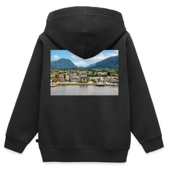 Nordfjordeid Vue panoramique depuis le port de Norvège - Sweat Premium à capuche zippé enfant bio - noir - Dos - AI Model Kid Male (0cm)