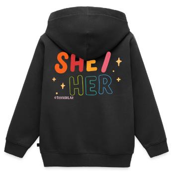 She/Her - Kinder Premium Organic Zip Hoodie - Schwarz - Hinten - AI Model Kid Male (0cm)