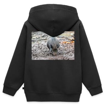 Sanglier (en allemand Wildschwein) Sus scrofa - Sweat Premium à capuche zippé enfant bio - noir - Dos - AI Model Kid Male (0cm)