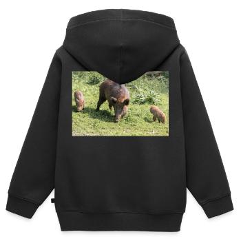 Sanglier (en allemand Wildschwein) Sus scrofa - Sweat Premium à capuche zippé enfant bio - noir - Dos - AI Model Kid Male (0cm)