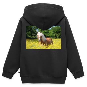 Haflinger dans le colza - Sweat Premium à capuche zippé enfant bio - noir - Dos - AI Model Kid Male (0cm)