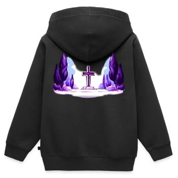 Kreuz zwischen Bäumen - Kinder Premium Organic Zip Hoodie - Schwarz - Hinten - AI Model Kid Male (0cm)