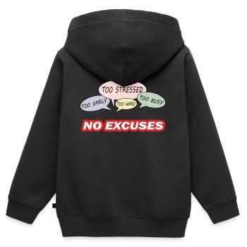 logo quote NO EXCUSES - Sweat Premium à capuche zippé enfant bio - noir - Dos - AI Model Kid Male (0cm)