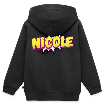 Nicole Nom personnalisé Style BD Pop Art, - Sweat Premium à capuche zippé enfant bio - noir - Dos - AI Model Kid Male (0cm)