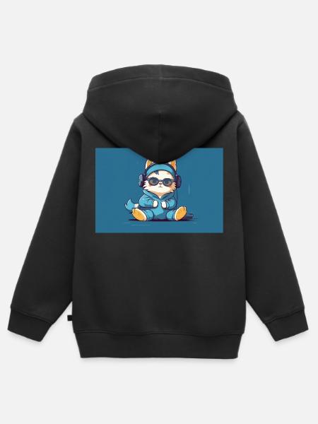 Gatito con ropa deportiva, auriculares y gafas. - Hoodie Premium med dragkedja barn ekologisk - svart