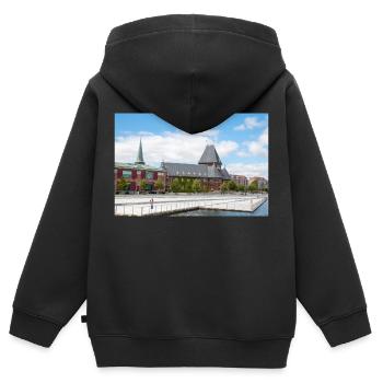 Maison de douane d’Aarhus (Toldboden) Ville d’Aarhus - Sweat Premium à capuche zippé enfant bio - noir - Dos - AI Model Kid Male (0cm)