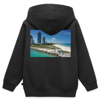 Miami Beach Piermit Wolkenkratzer - Kinder Premium Organic Zip Hoodie - Schwarz - Hinten - AI Model Kid Male (0cm)
