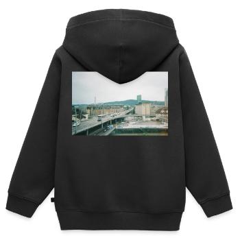 Prime Tower Zürich - Kinder Premium Organic Zip Hoodie - Schwarz - Hinten - AI Model Kid Male (0cm)
