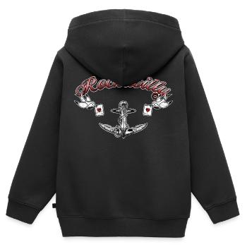 Motif Rockabilly avec ancre, poker et oiseaux - Sweat Premium à capuche zippé enfant bio - noir - Dos - AI Model Kid Male (0cm)