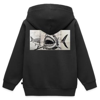 Weißer Hai - Tuschezeichnung auf altem Zeitungspapier - Kinder Premium Organic Zip Hoodie - Schwarz - Hinten - AI Model Kid Male (0cm)