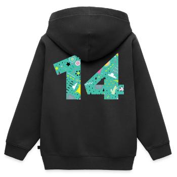 Personalisierte 14 Jubiläumsnummer - Kinder Premium Organic Zip Hoodie - Schwarz - Hinten - AI Model Kid Male (0cm)