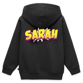 Sarah nom personnalisé bande dessinée Style Pop Art, Sarah - Sweat Premium à capuche zippé enfant bio - noir - Dos - AI Model Kid Male (0cm)