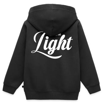 Sei das Licht | Weiße Typografie reinigen - Kinder Premium Organic Zip Hoodie - Schwarz - Hinten - AI Model Kid Male (0cm)