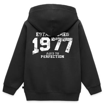 established 1977 - aged to perfection (fr) - Sweat Premium à capuche zippé enfant bio - noir - Dos - AI Model Kid Male (0cm)