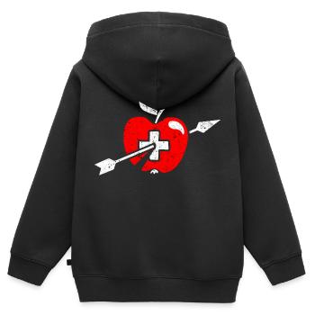 Wilhelm Tell Apfel Schweizer Fahne und Kreuz - Kinder Premium Organic Zip Hoodie - Schwarz - Hinten - AI Model Kid Male (0cm)