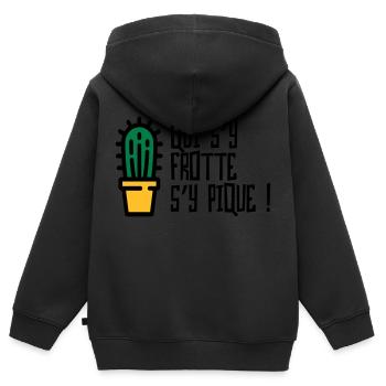 Qui s'y frotte s'y pique / Humour Caractère Raler - Sweat Premium à capuche zippé enfant bio - noir - Dos - AI Model Kid Male (0cm)