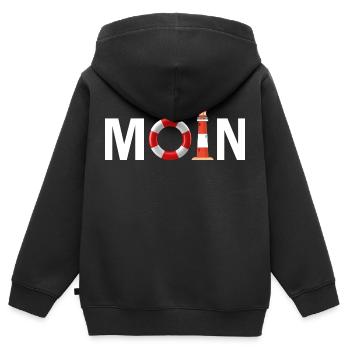 Moin mit dem Rettungsring und dem Leuchtturm Moin - Kinder Premium Organic Zip Hoodie - Schwarz - Hinten - AI Model Kid Male (0cm)