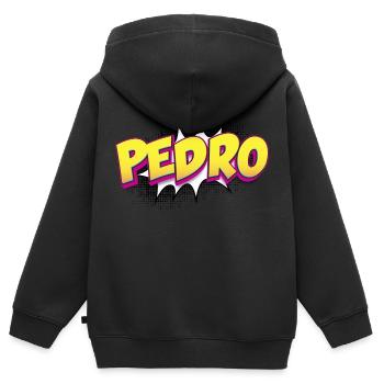 Pedro Nom personnalisé Style bande dessinée Pop Art, Pedro - Sweat Premium à capuche zippé enfant bio - noir - Dos - AI Model Kid Male (0cm)