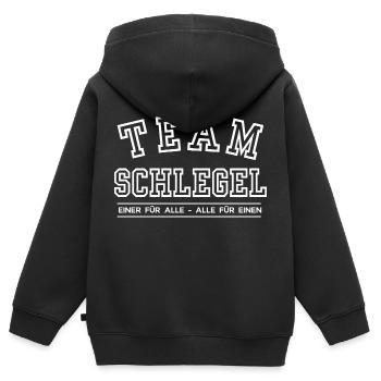 Team Schlegel Familie Nachname Einer für Alle - Kinder Premium Organic Zip Hoodie - Schwarz - Hinten - AI Model Kid Male (0cm)