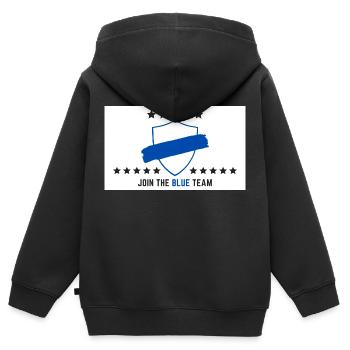 JOIN THE BLUE TEAM // WHITE VERSION - Kinder Premium Organic Zip Hoodie - Schwarz - Hinten - AI Model Kid Male (0cm)