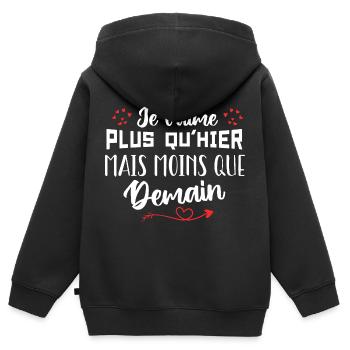 Je t’aime plus qu’hier mais moins que demain - Sweat Premium à capuche zippé enfant bio - noir - Dos - AI Model Kid Male (0cm)