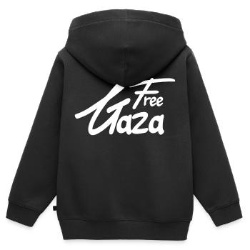 Texte Free Gaza - Sweat Premium à capuche zippé enfant bio - noir - Dos - AI Model Kid Male (0cm)