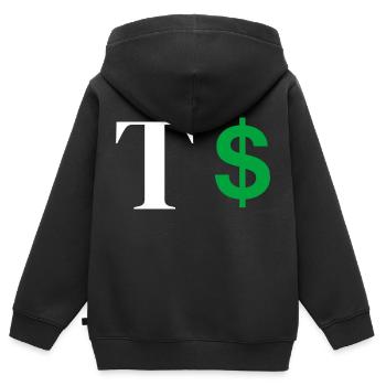 Lettre t dollar - Sweat Premium à capuche zippé enfant bio - noir - Dos - AI Model Kid Male (0cm)