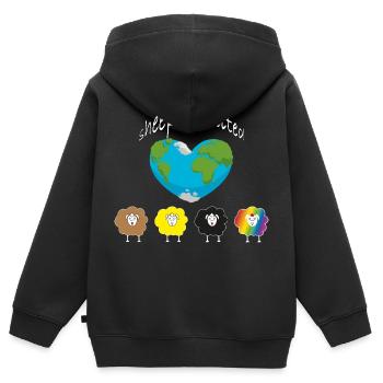 Les moutons du monde s’unissent ! Le monde un cœur. - Sweat Premium à capuche zippé enfant bio - noir - Dos - AI Model Kid Male (0cm)