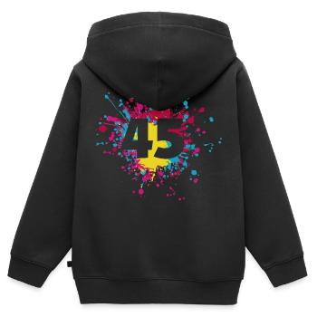 Numéro 45e éclaboussure de couleur - Sweat Premium à capuche zippé enfant bio - noir - Dos - AI Model Kid Male (0cm)