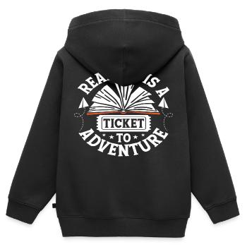 La lecture est un billet pour l’aventure - Sweat Premium à capuche zippé enfant bio - noir - Dos - AI Model Kid Male (0cm)