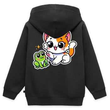 Niedliche rotweiße Katze traf auf einen Frosch - Kinder Premium Organic Zip Hoodie - Schwarz - Hinten - AI Model Kid Male (0cm)