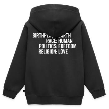 Geburtsort Erde Rasse Menschliche Politik Freiheit - Kinder Premium Organic Zip Hoodie - Schwarz - Hinten - AI Model Kid Male (0cm)