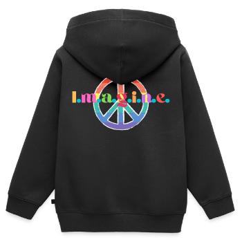 Produit avec « Imagine » et signe de paix! - Sweat Premium à capuche zippé enfant bio - noir - Dos - AI Model Kid Male (0cm)