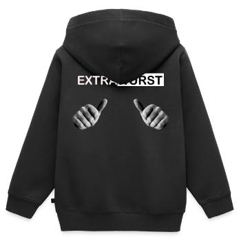 Extrawurst - Kinder Premium Organic Zip Hoodie - Schwarz - Hinten - AI Model Kid Male (0cm)