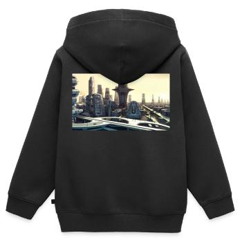 Ville du futur - Sweat Premium à capuche zippé enfant bio - noir - Dos - AI Model Kid Male (0cm)