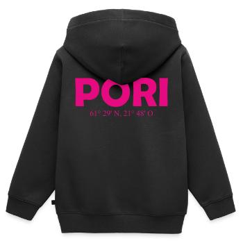 Pori - Finlande - Coordonnées - Longitude Latitude - Sweat Premium à capuche zippé enfant bio - noir - Dos - AI Model Kid Male (0cm)
