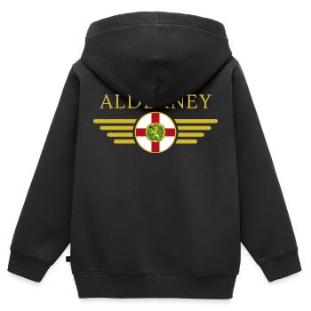 J’aime Aurigny, T-shirt design de style élégance - Sweat Premium à capuche zippé enfant bio - noir - Dos - AI Model Kid Male (0cm)