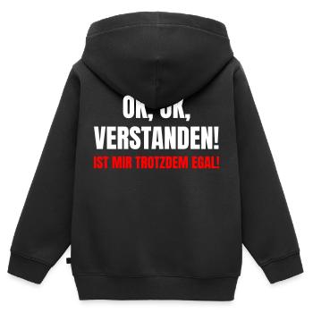 Ok, ok, verstanden! Ist mir trotzdem egal! - Kinder Premium Organic Zip Hoodie - Schwarz - Hinten - AI Model Kid Male (0cm)