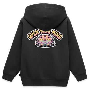 OPEN YOUR MIND - Kids Premium Organic Zip-up Hoodie - black - Back - AI Model Kid Male (0cm)
