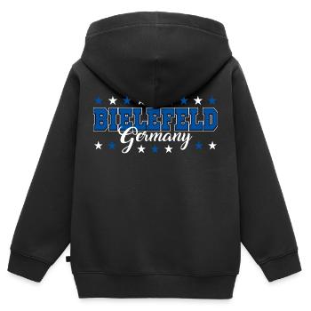 Bielefeld - Kinder Premium Organic Zip Hoodie - Schwarz - Hinten - AI Model Kid Male (0cm)