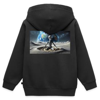 Grauer Außerirdischer auf der Mondoberfläche – meditieren - Kinder Premium Organic Zip Hoodie - Schwarz - Hinten - AI Model Kid Male (0cm)