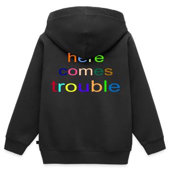 here comes trouble - Kinder Premium Organic Zip Hoodie - Schwarz - Hinten - AI Model Kid Male (0cm)