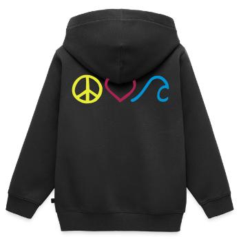 Peace • Love • Surf • Symbole horizontal - Kinder Premium Organic Zip Hoodie - Schwarz - Hinten - AI Model Kid Male (0cm)